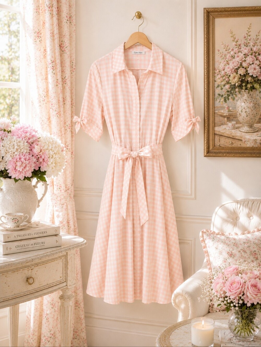 Calvin Klein Pink Gingham Belted Midi Shirt Dress | Cottagecore Feminine